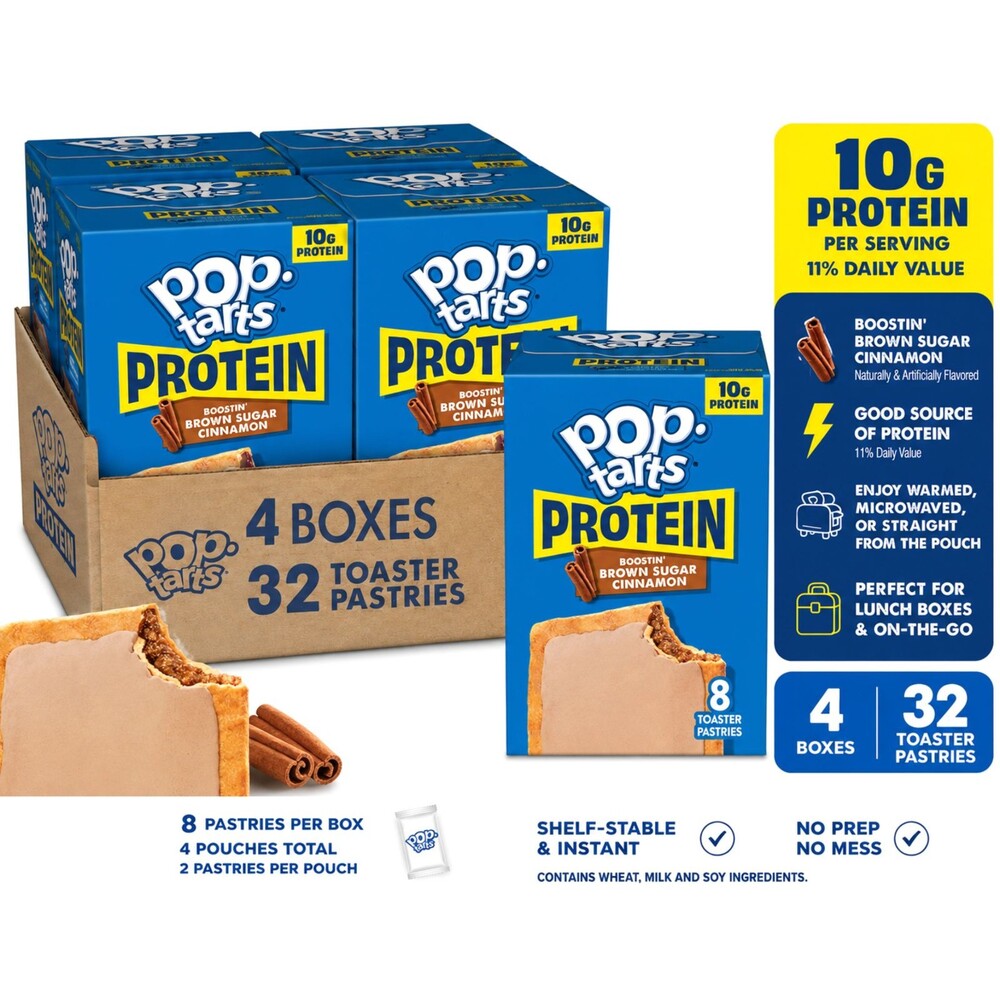 Pop-Tarts Boostin' Brown Sugar Cinnamon Toaster Pastry 10g Protein 4 Boxes 32 Ct